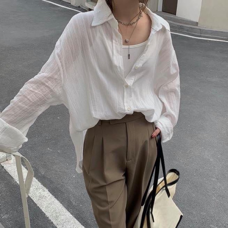 Áo sơ mi trắng voan tay dài oversize form rộng unisex - Order taobao quảng châu
