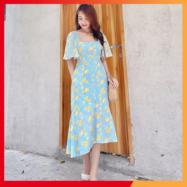 Đầm xòe hoa⚡𝗙𝗥𝗘𝗘 𝗦𝗛𝗜𝗣⚡ Đầm hoa cổ U cúc bọc phối tay cánh tiên siêu che khuyết điểm màu cực ngọt