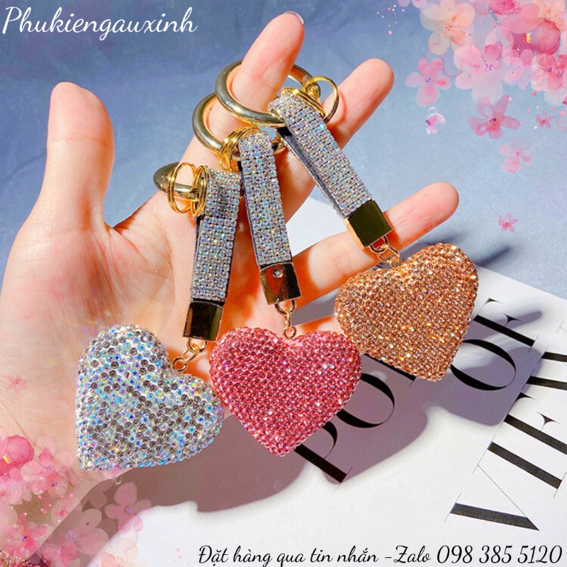 Móc khoá đính đá trái tim charm phụ kiện treo túi