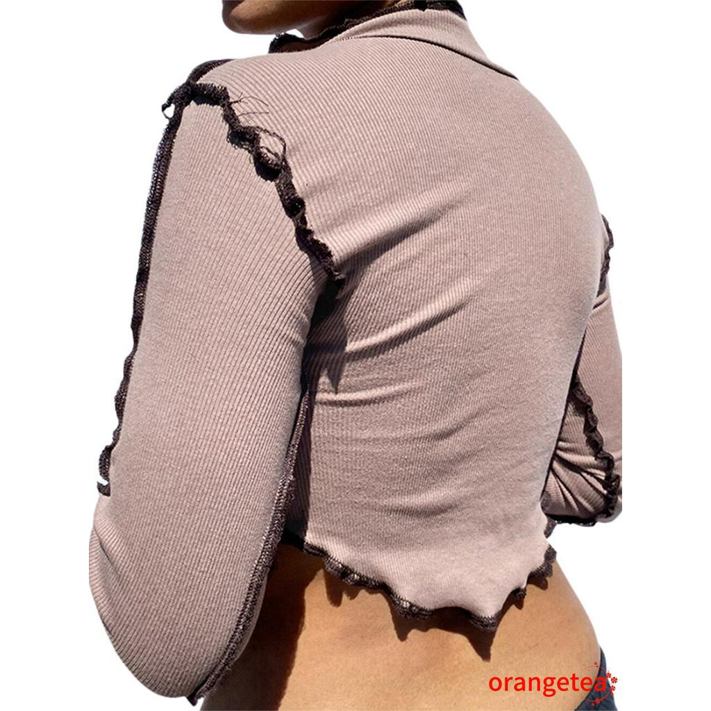 Áo Crop Top Nữ Tay Dài Cổ Chữ V Rách Cá Tính