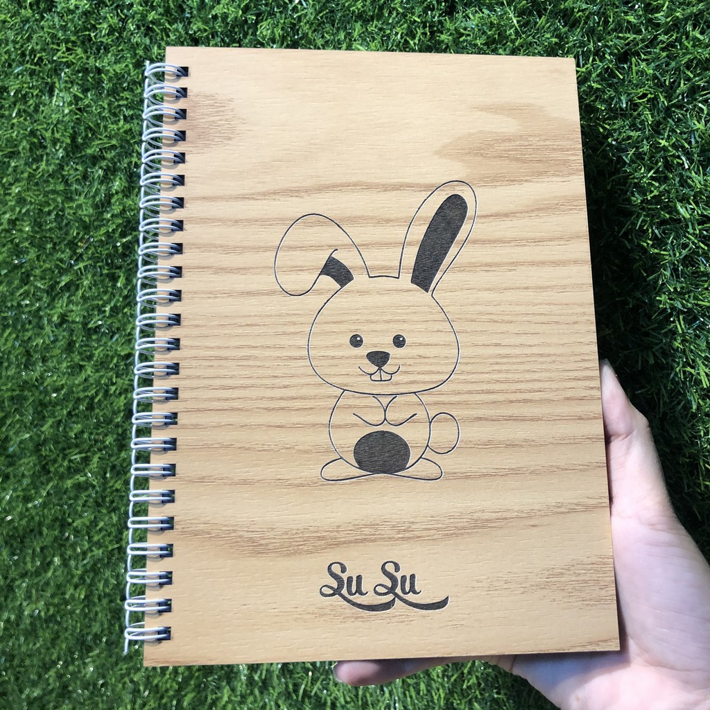 Sổ tay Notebook bìa gỗ cứng khắc tên theo yêu cầu - Khắc hình con thỏ xinh xắn - Free thiết kế