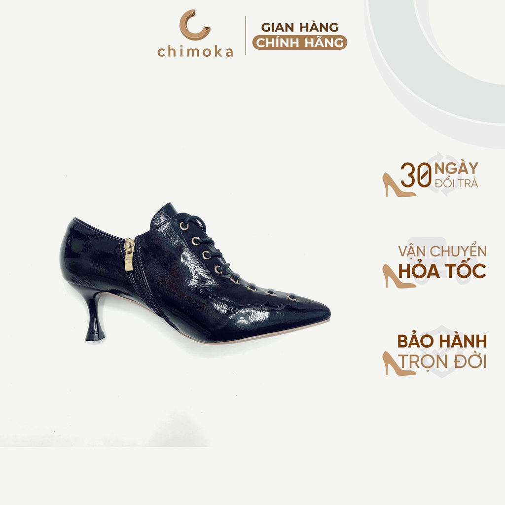 Boot Cao Gót Ngắn CHIMOKA Cho Nữ Mũi Nhọn Gót Nhỏ 6cm Thời Trang Thiết Kế Buộc Dây Chất Liệu Bóng Sang Chảnh 6009