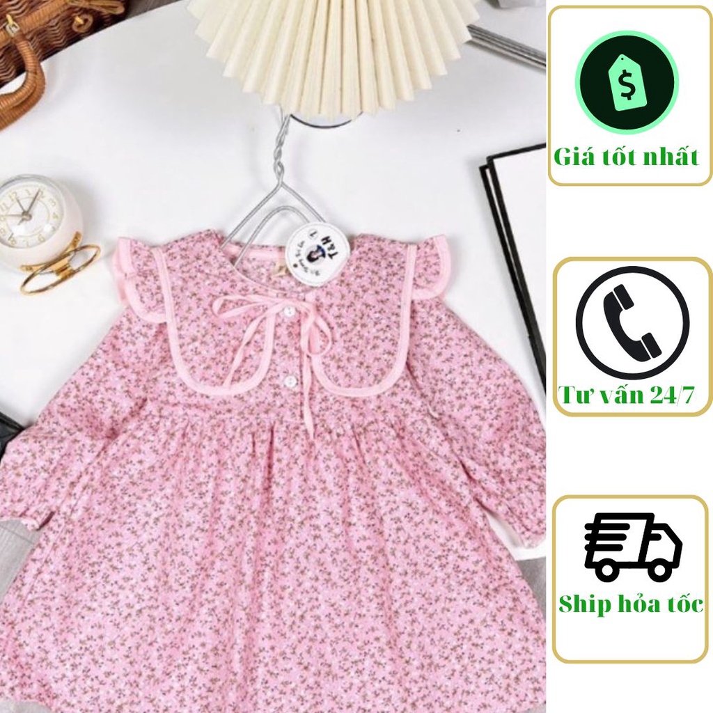 Váy đầm thô hoa nhí màu hồng nhạt có cổ dài tay cho bé gái mới nhất cho bé gái(8-22kg)