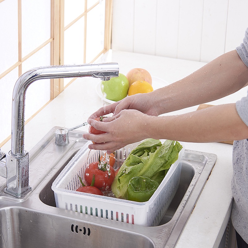 Hộp Nhựa Trong Suốt Hai Tầng Đựng Trái Cây Rau Củ Quả Đa Năng Tiện Dụng