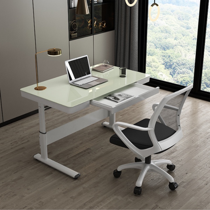 Bàn Làm Việc Mặt Kính Cường Lực Cao Cấp. Khung Thép Carbon Chịu Lực Tuỳ Chỉnh Chiều Cao.Có Ngăn Kéo, Siêu Bền.