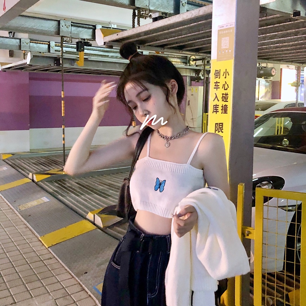 DUNEA Set Áo Hai Dây Dệt Kim Thêu Hình Bướm Và Áo Khoác Cardigan Phong Cách Hàn Quốc Xinh Xắn Cho Nữ