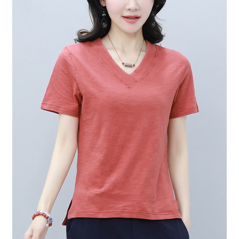 Áo cotton 100% cổ tim cộc tay  - Thoáng và mát