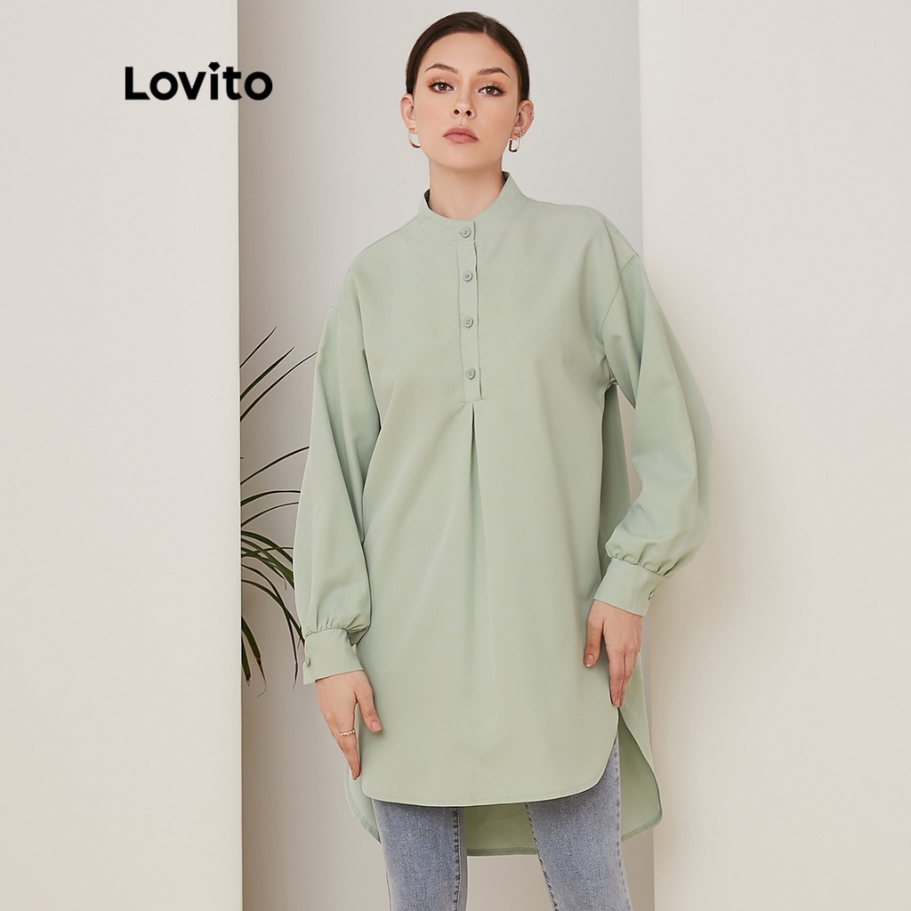 819 VN Delisted Lovito Cổ áo đứng trơn vừa phải Dài tay Áo ngắn phía trước phía sau L21EN092 (Xanh lá cây)