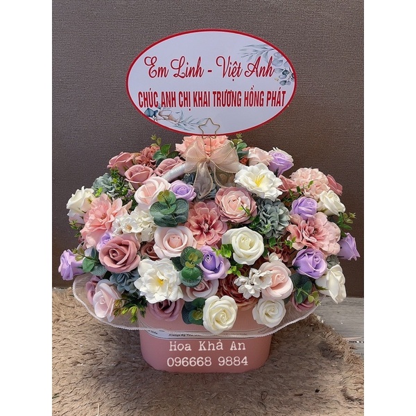 Lẵng hoa Khai Trương, Sinh nhật, Tân Gia. Hoa Sáp mix lụa cao cấp, thiết kế Khả An