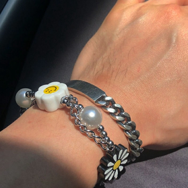 [Miễn Phí Vận Chuyển] Vòng Tay Hạt Ngọc Trai Mặt Hoa Hướng Dương Mặt Cười Hip Hop 22402 Phụ Kiện Cho Cặp Đôi Nhảy Múa