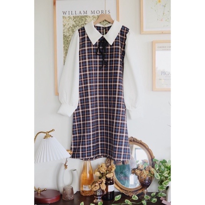 Đầm dáng xuông caro phối tay bồng CECI CELA