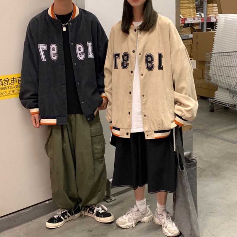 Áo Khoác Bomber - Áo Varsity Jacket 1997 Nhung Tăm Gân 1 Lớp Form rộng Unisex Nam Nữ Couple