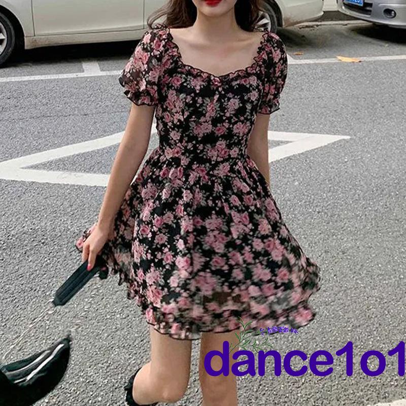 Đầm mini cổ vuông tay ngắn phồng eo cao thời trang mùa hè cho nữ