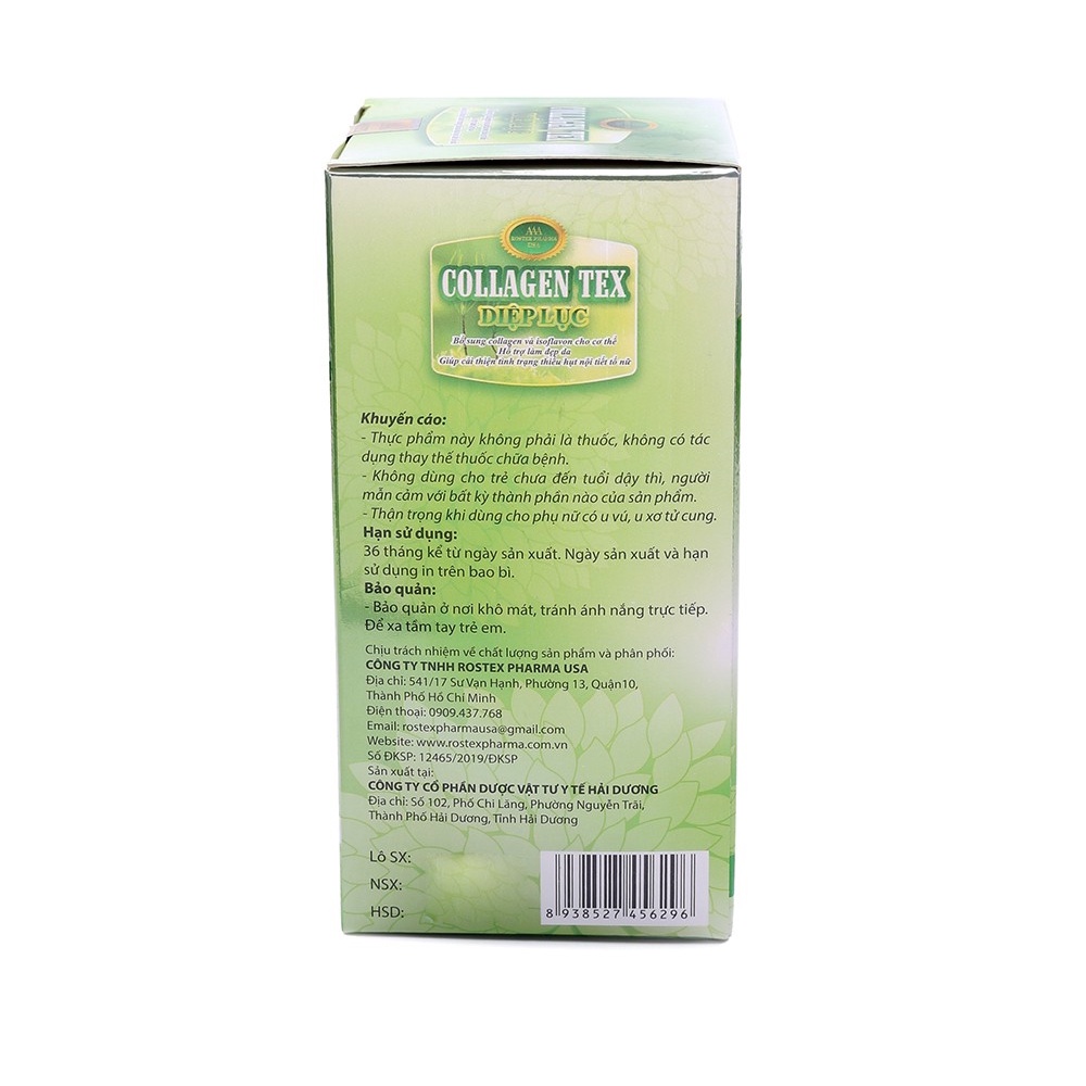 Collagen Diệp Lục TEX hỗ trợ làm đẹp da, trắng sáng da, giảm nám, mờ thâm - Hộp 60 viên