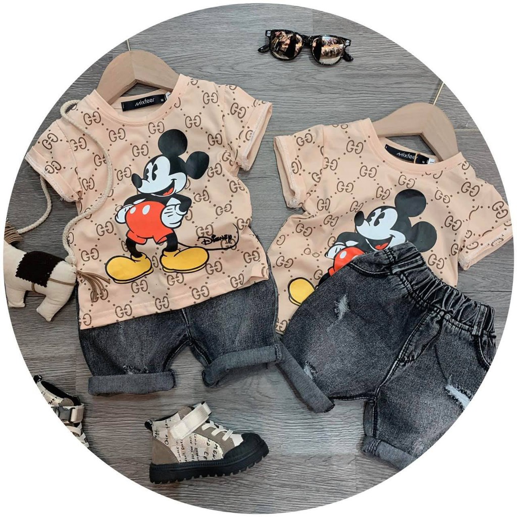 Bộ Bé Gái , đồ bộ bé gái dễ thương với Set Áo Mickey Quần Jean Đen Cho Bé