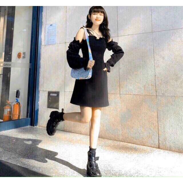 Đầm tiểu thư nữ,đầm 2 dây trễ vai tay phồng dáng ngắn xòe