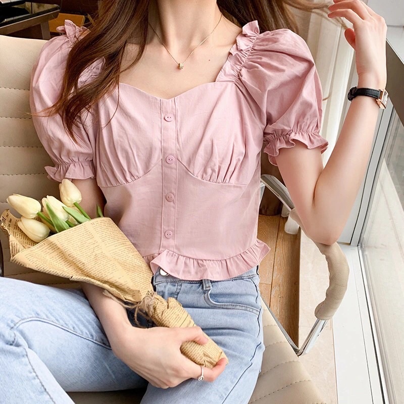 Áo Croptop nữ tay ngắn phối bèo nhún phong cách Hàn Quốc mã QD095