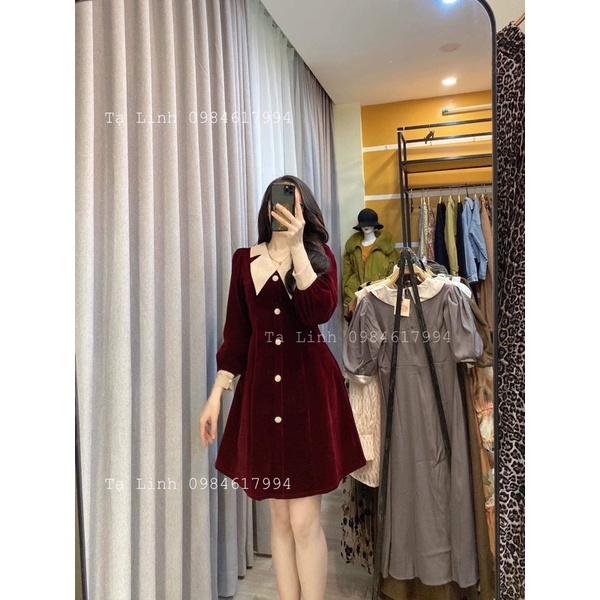 Thanh lý đầm nhung đỏ dáng xoè tay dài nhiều cúc mới new100% còn tag (ảnh thật)