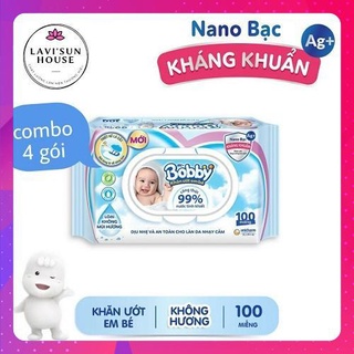 Combo 4 gói khăn ướt em bé bobby không mùi 100 miếng