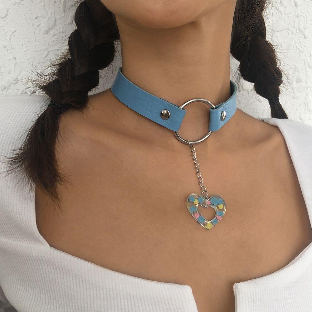 ANEMONE Vòng Cổ Da PU Đính Trái Tim Phong Cách Lolita Hàn Quốc