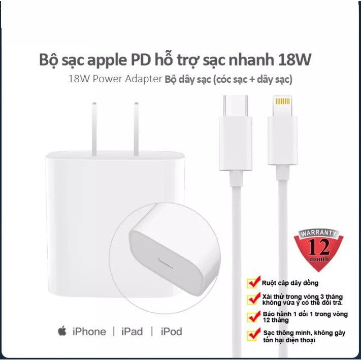 Sạc Nhanh Iphone PD18- 20W USB-C To Lightning cho IP x/xs/xsmax/11/11pro/11promax - Bộ sạc nhanh Iphone Sạc Tốt