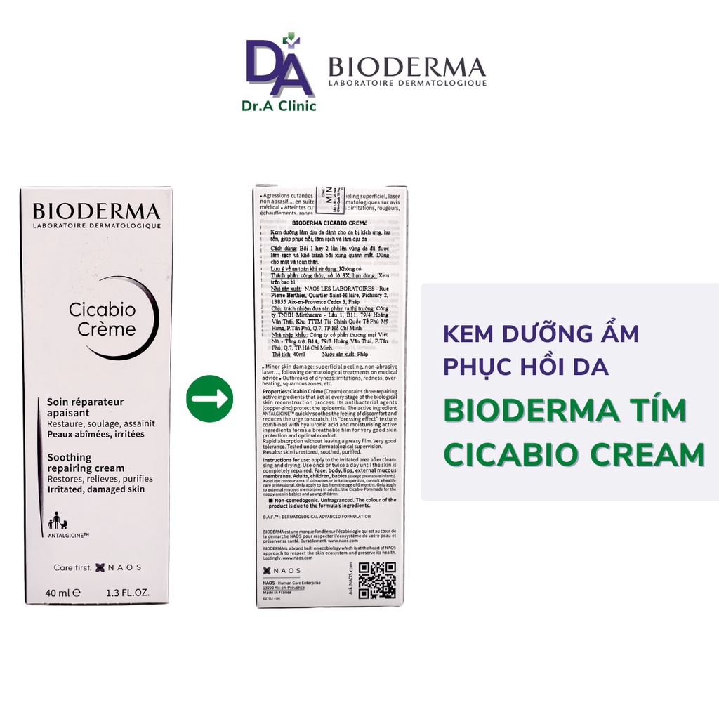 Kem Dưỡng Ẩm Phục Hồi Da Bioderma Tím Cicabio Cream 40ml cho da khô và da nhạy cảm cực lành tính - Dr.A Clinic