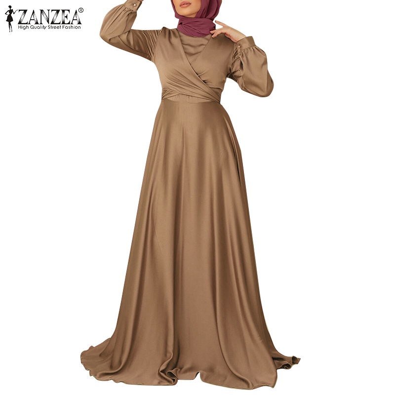 ZANZEA Women Muslim O-Neck Party Solid Satin Lace-Up Elegant Full Sleeve Casual Holiday Swing Maxi Dress