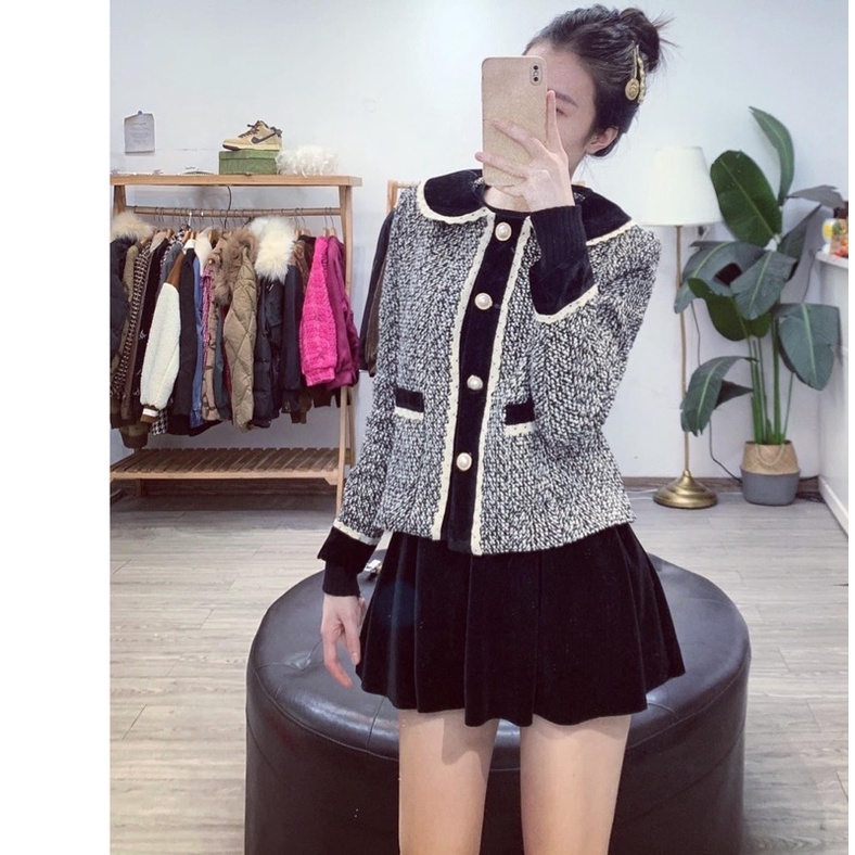 Áo Dạ Tiêu Cổ Nhung Viền Ren 2 Lớp Khuy Ngọc Siêu Xinh Có Ảnh Thật Kèm Video