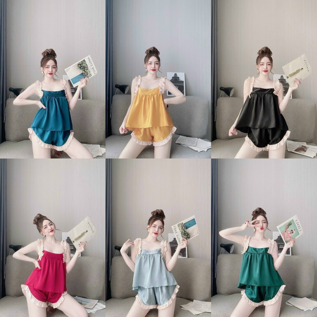 Bộ đồ ngủ hai dây sexy co giãn dễ thương, Bộ ngủ 2 dây mát lạnh satin loại 1 mềm mịn Freesize dưới 57k