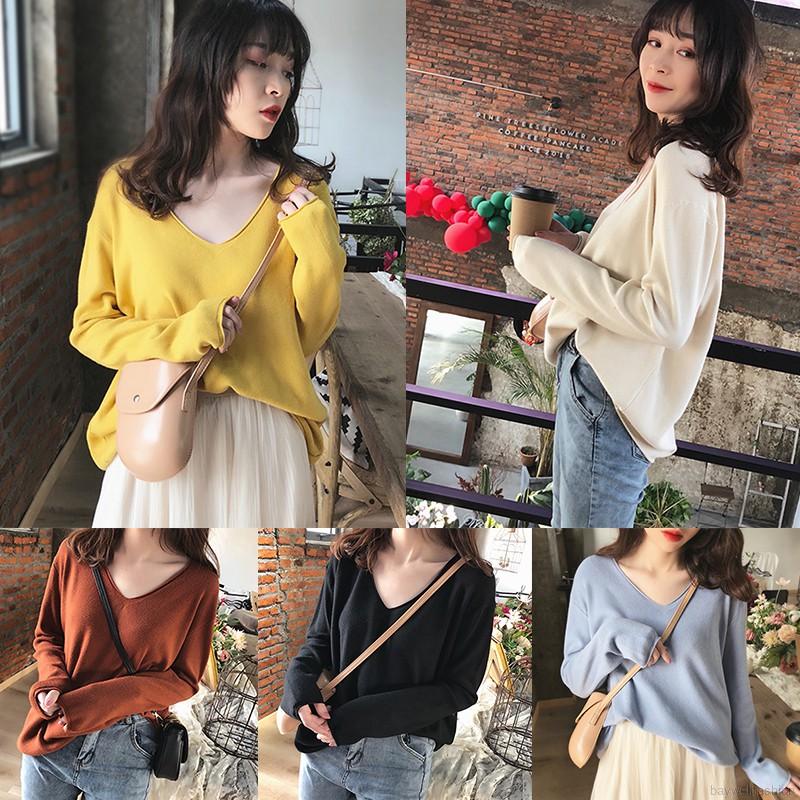 [Baywellfashion]Áo dệt kim tay dài cổ chữ v nhiều màu tùy chọn phong cách Hàn Quốc thời trang