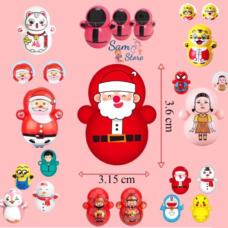 Đồ chơi lật đật mini nhiều phiên bản Squid Game hot, Doremon, Pikachu, Noel