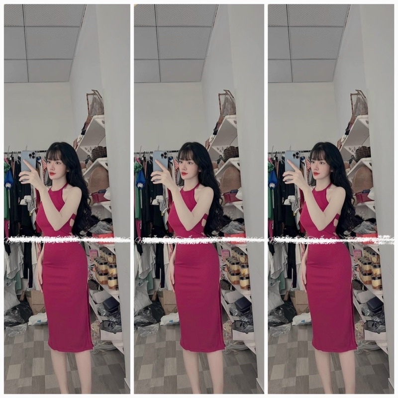 Váy đầm nữ kiểu yếm hở lưng ôm body cột nơ xẻ tà thun gân có mút thời trang dự tiệc sexy mẫu mới 2022