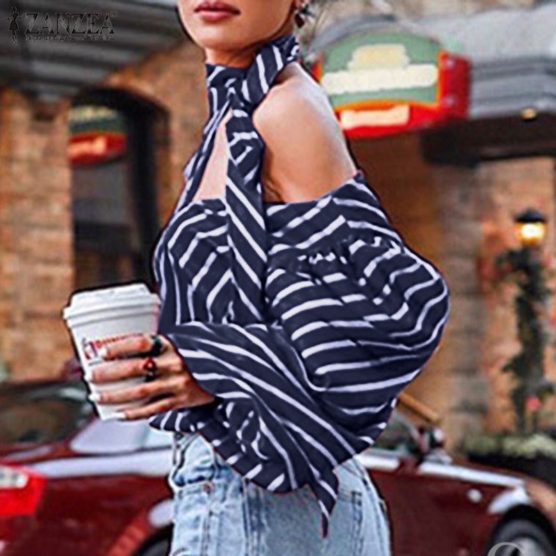 Áo kiểu Zanzea cổ tròn phối trễ vai in họa tiết kẻ sọc thời trang tùy chọn màu sắc cho nữ