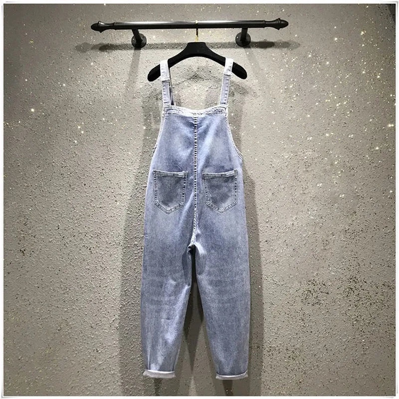 Jiashucheng Quần Yếm Denim Dài Đến Mắt Cá Chân Rộng Rách Mùa Hè Đính Đá Bán Chạy Cho Nữ