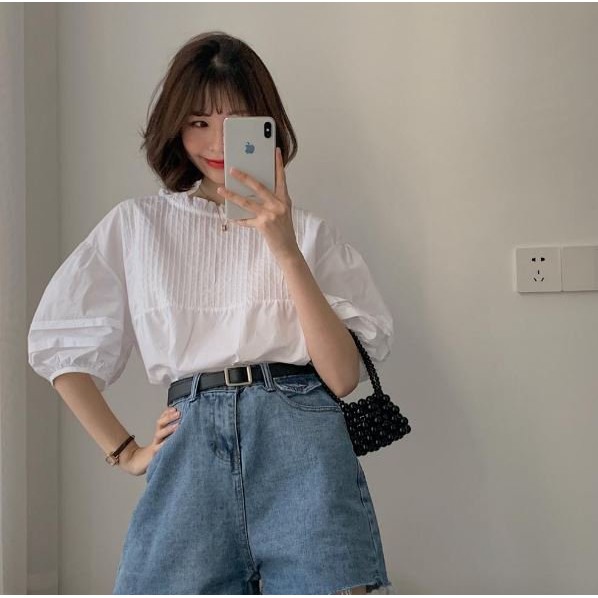 Áo sơ mi nữ cộc tay xếp ly cổ bèo tay phồng màu trắng freesize học sinh phong cách hàn quốc cheapy C477