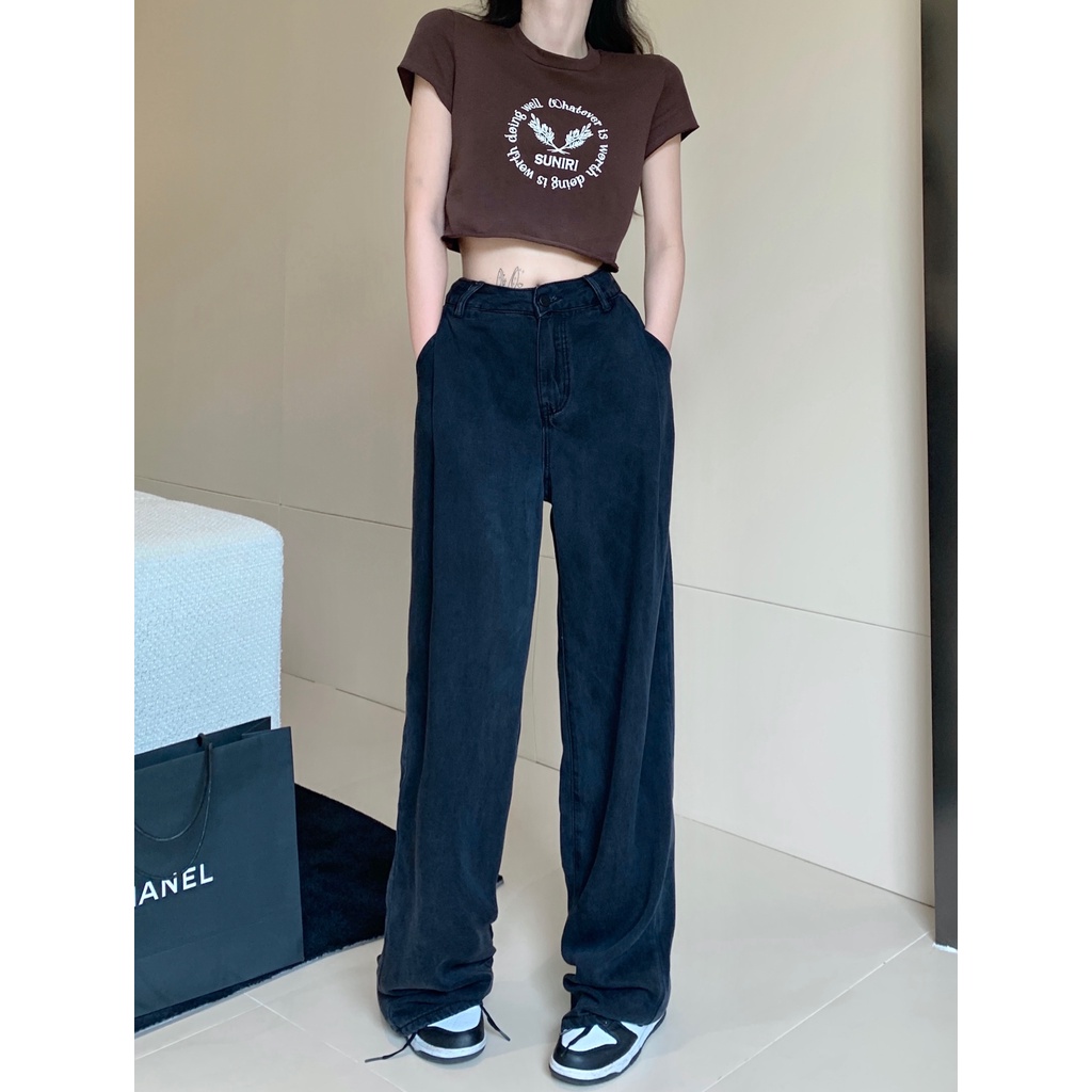 Quần jean XIAOZHAINV ống rộng lưng cao màu xám khói thời trang mùa hè cho nữ