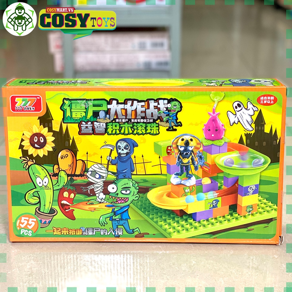 Đồ chơi xếp hình cầu trượt zoombie với 55 chi tiết cho bé