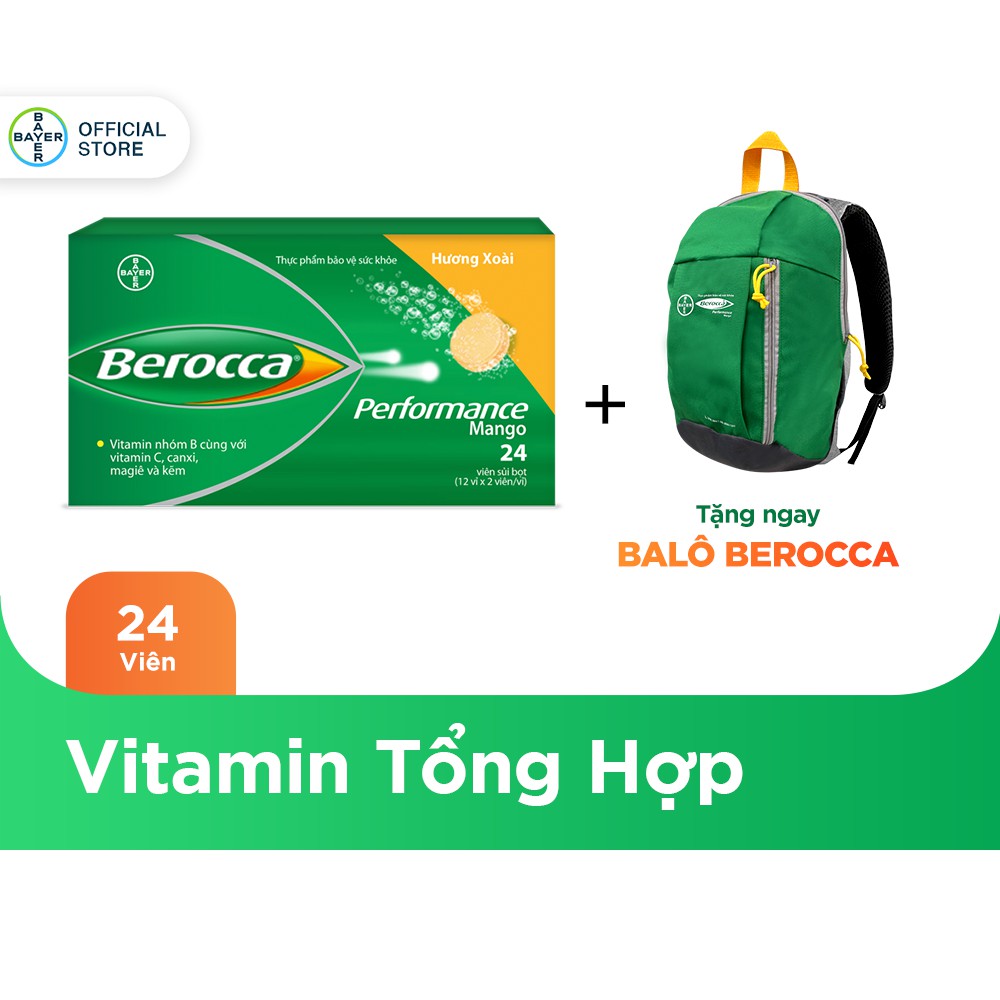 Viên sủi bổ sung Vitamin Berocca Performance Mango 24 Viên - Tặng 1 balo Berocca xanh lá