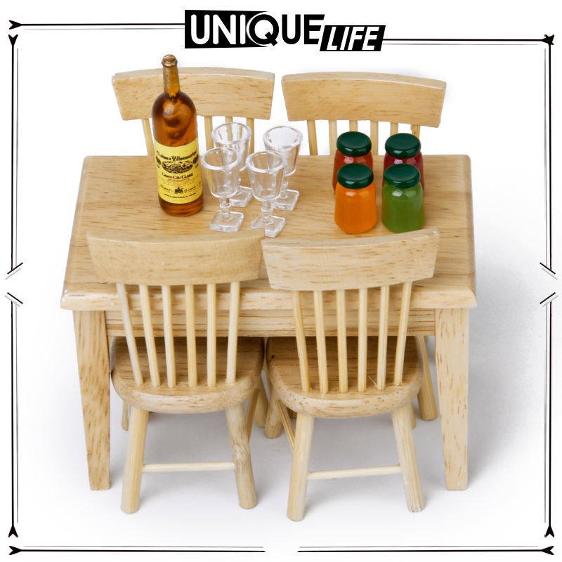 Bộ Bàn Ghế Gỗ Mini 1: 12 + 4 Ghế Màu Trắng Trang Trí Nhà Búp Bê