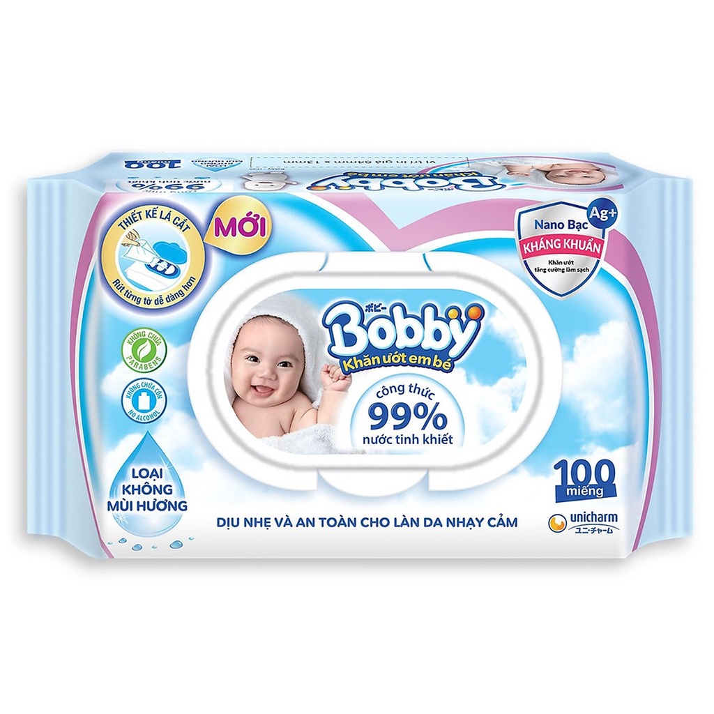 Khăn ướt Bobby 100 tờ NANO Bạc kháng khuẩn không mùi