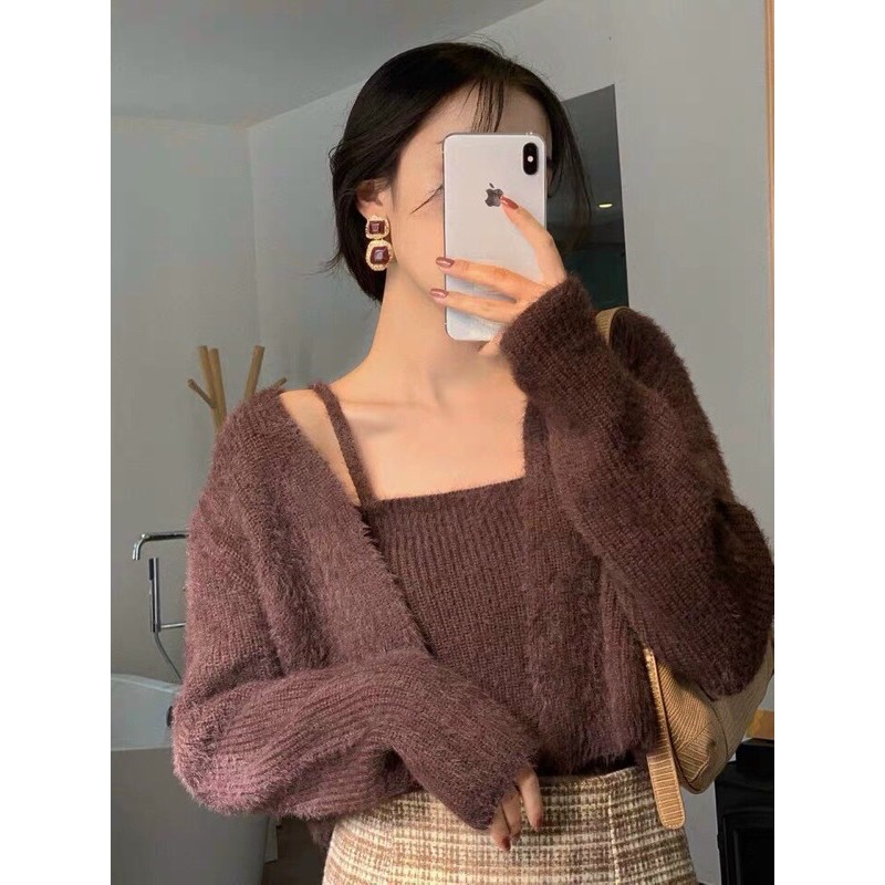 Set cardigan len lông áo 2 dây