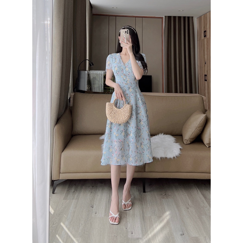 D135 VÁY CỔ TIM HOA XANH DƯƠNG