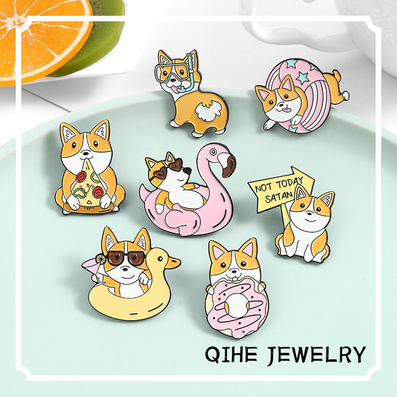 Ghim cài áo QIHE JEWELRY hình cún con Corgi hoạt hình dễ thương