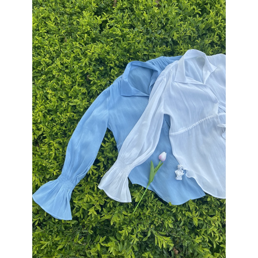 Áo sơmi tay phồng bèo dún vải tơ