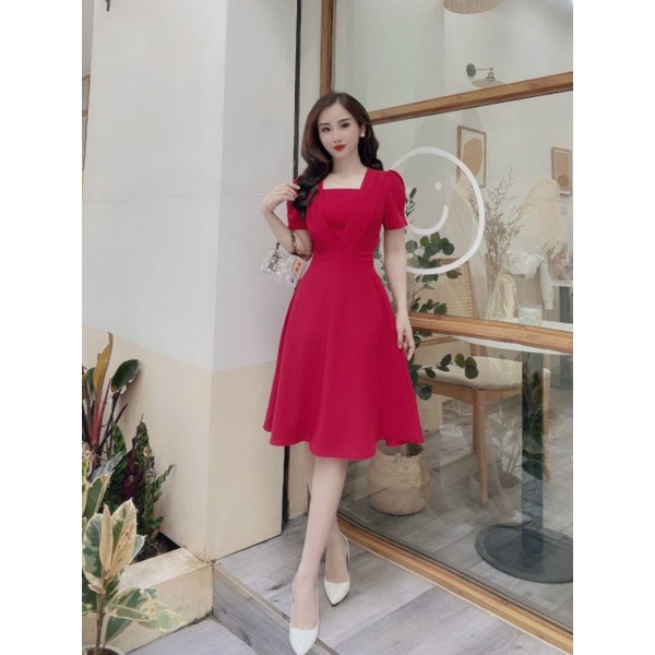 Váy xòe cổ vuông thân trước tà chéo 0074