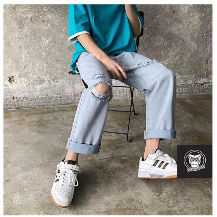 Quần jean baggy nam nữ ống rộng rách gối xanh nhạt 2020 | BigBuy360 - bigbuy360.vn