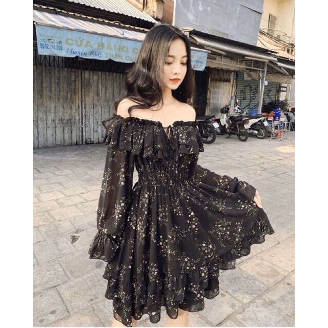 Váy hoa nhí trễ vai babydoll bèo tầng thắt chun eo, Đầm dự tiệc tiểu thư vintage Hàn Quốc (TTA115)