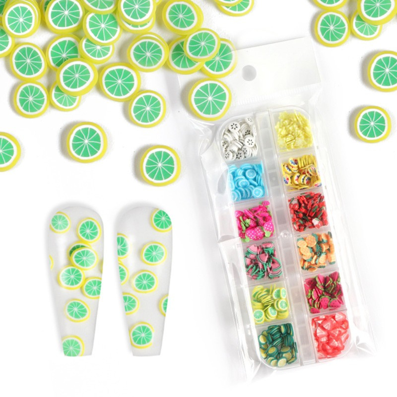 Hộp đất sét polymer mềm hình trái cây đính móng trang trí/ làm đồ trang sức thủ công diy thiết kế 12 ô