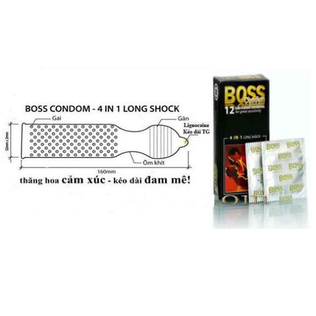 Bao cao su Boss 4 in 1, gân gai, siêu mỏng, kéo dài thời gian, hộp 12 cái