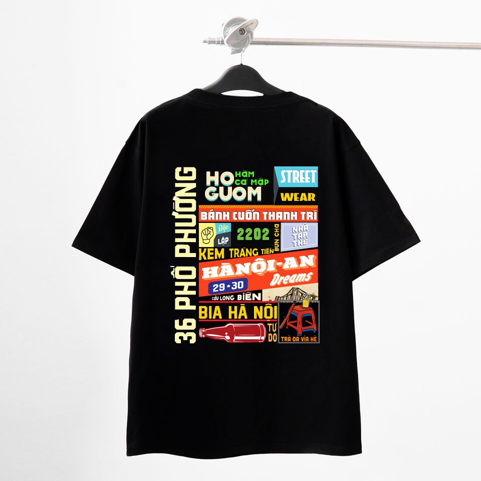 Áo phông in hình Hà nội tour form rộng chất liệu cotton, áo thun hà nội màu đen cổ tròn tay lỡ đủ size